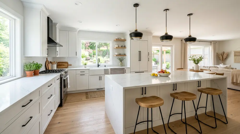 Remodeled kitchen with white shaker cabinets, black hardware, and large island