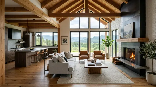 Open living room with wood beams, hardwood floors, and black fireplace