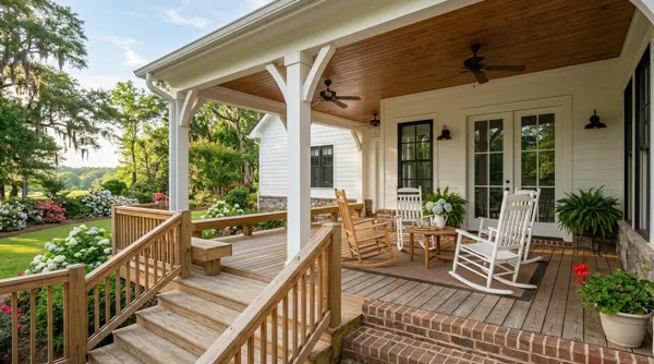 Covered back porch and wooden deck with ceiling fans and rocking chairs